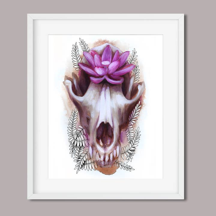 8"x10" Art Print | Pink Wolf Skull with a Lotus Flower for wholesale by Joyseeker Tarot