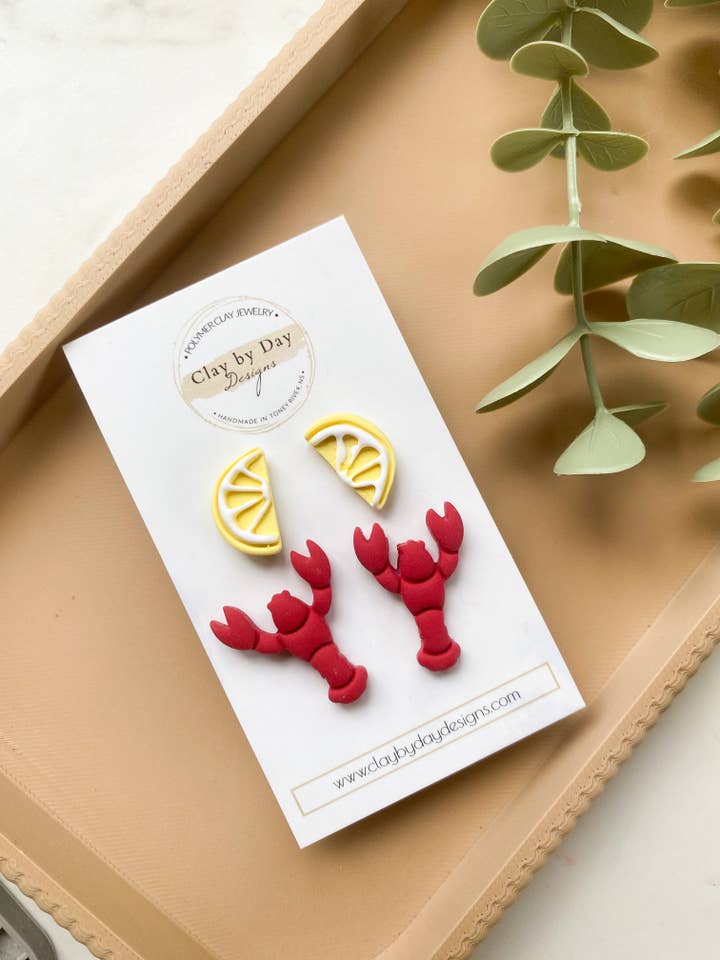Lobster & Lemon Stud Duo -Polymer Clay Earrings, Nova Scotia for wholesale by Clay by Day Designs