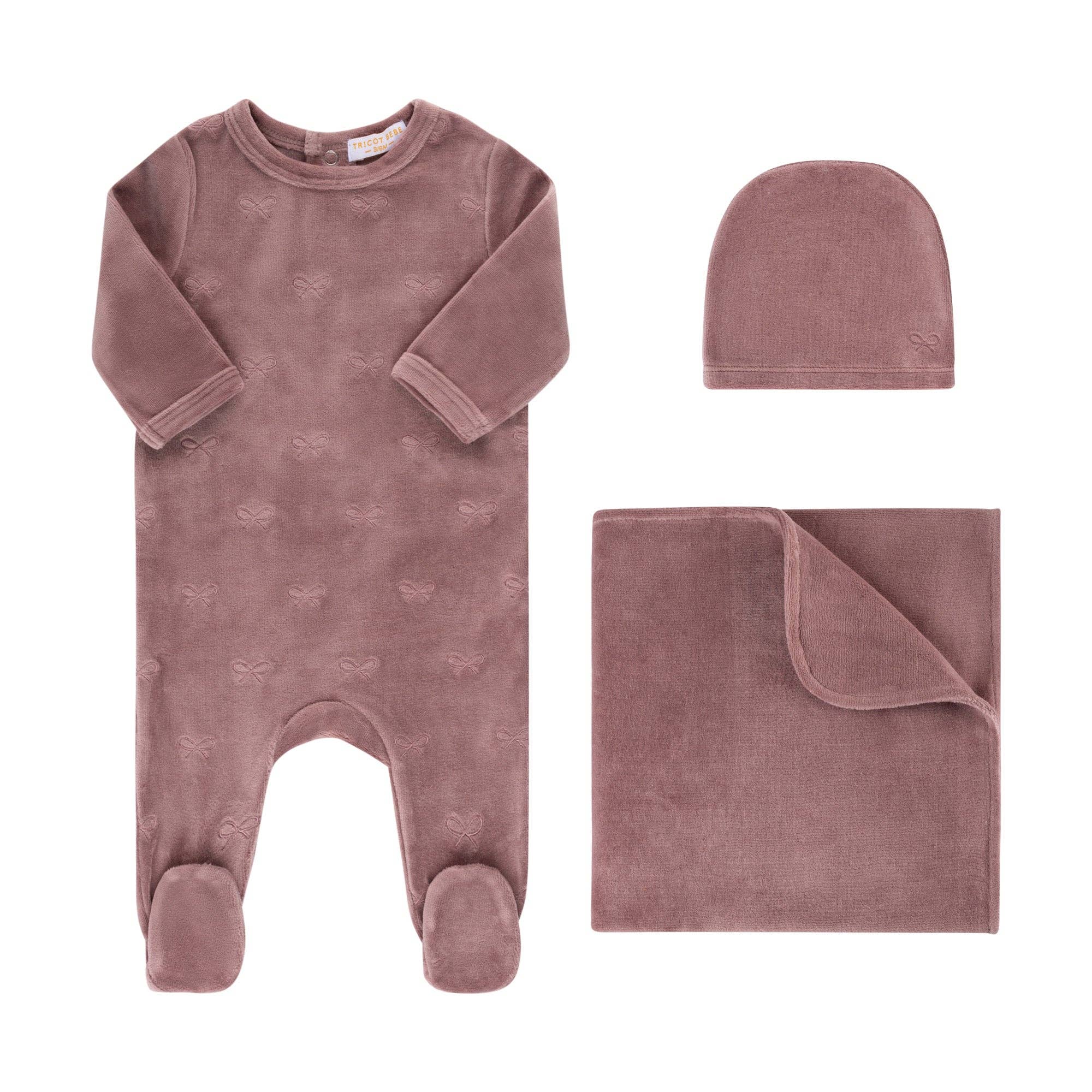 lilac Embroidered Bow Footie and Hat for wholesale on Faire1