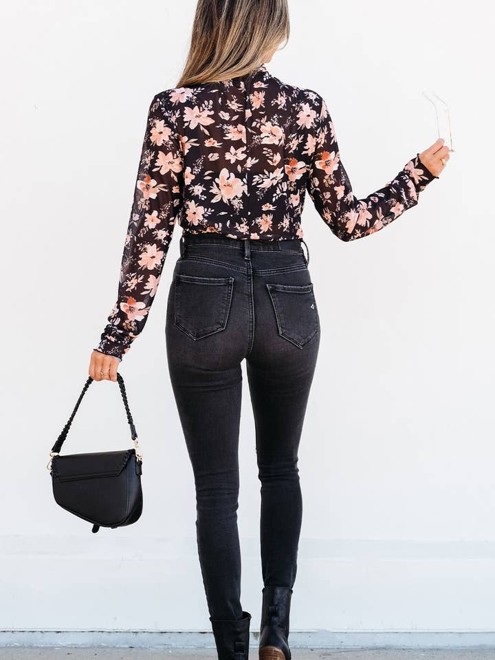 Black Floral Mesh Mock Neck Long Sleeve Slim Fit Top for wholesale on Faire