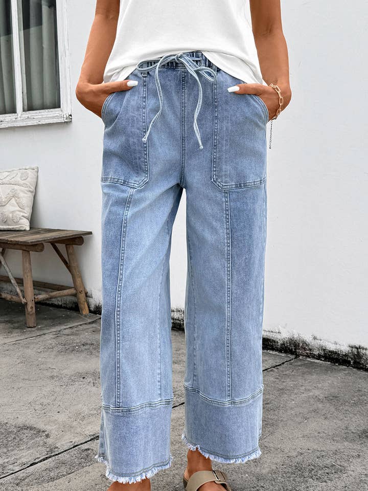 Denim Raw Hem Drawstring Wide Leg Pants for wholesale by PRETTY BASH