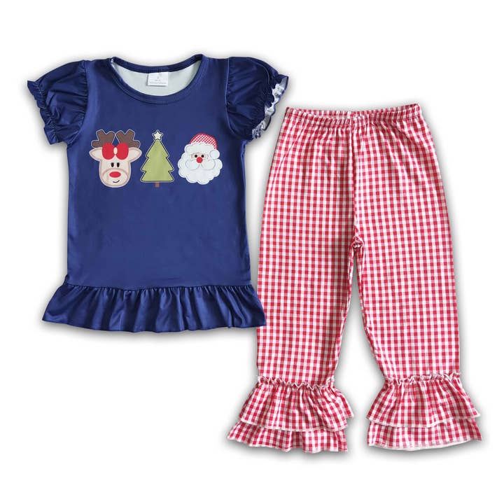 Reindeer santa print short sleeve plaid ruffle pants girls C for wholesale by Yawoo Garments