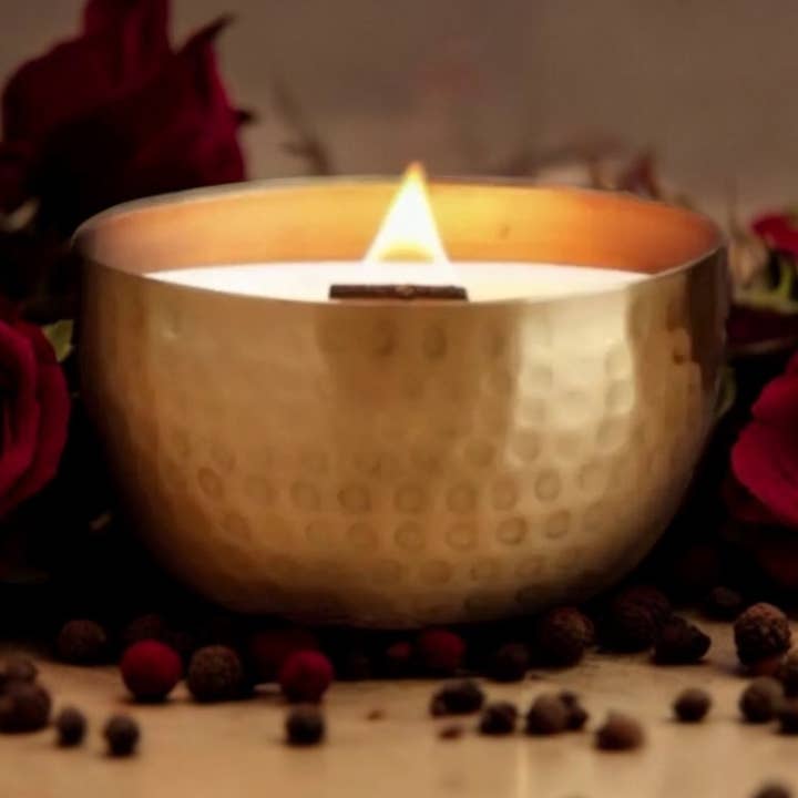Woodsy Homelife - Wholesale Jar/Filled Candle - Dark Rose & Peppercorn - Solid Brass 14oz Pure Soy Candle1