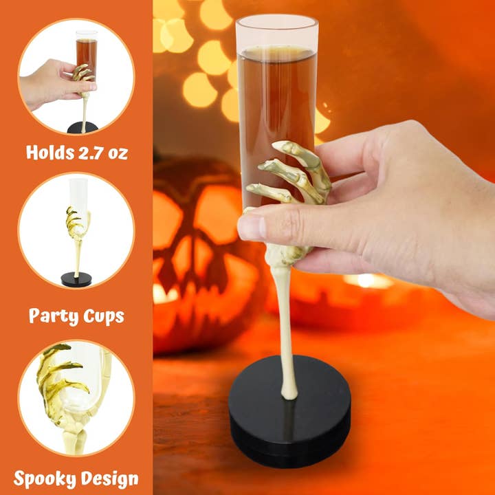 4E's Novelty - Wholesale Drinking Glass/Cup - 12-Pack Skeleton Hand Flutes - 2.7oz Halloween Party Goblet