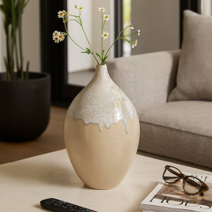 Decorative Vase - Cream Ceramic Textured Glossy, 18 in. for wholesale by Elevarre