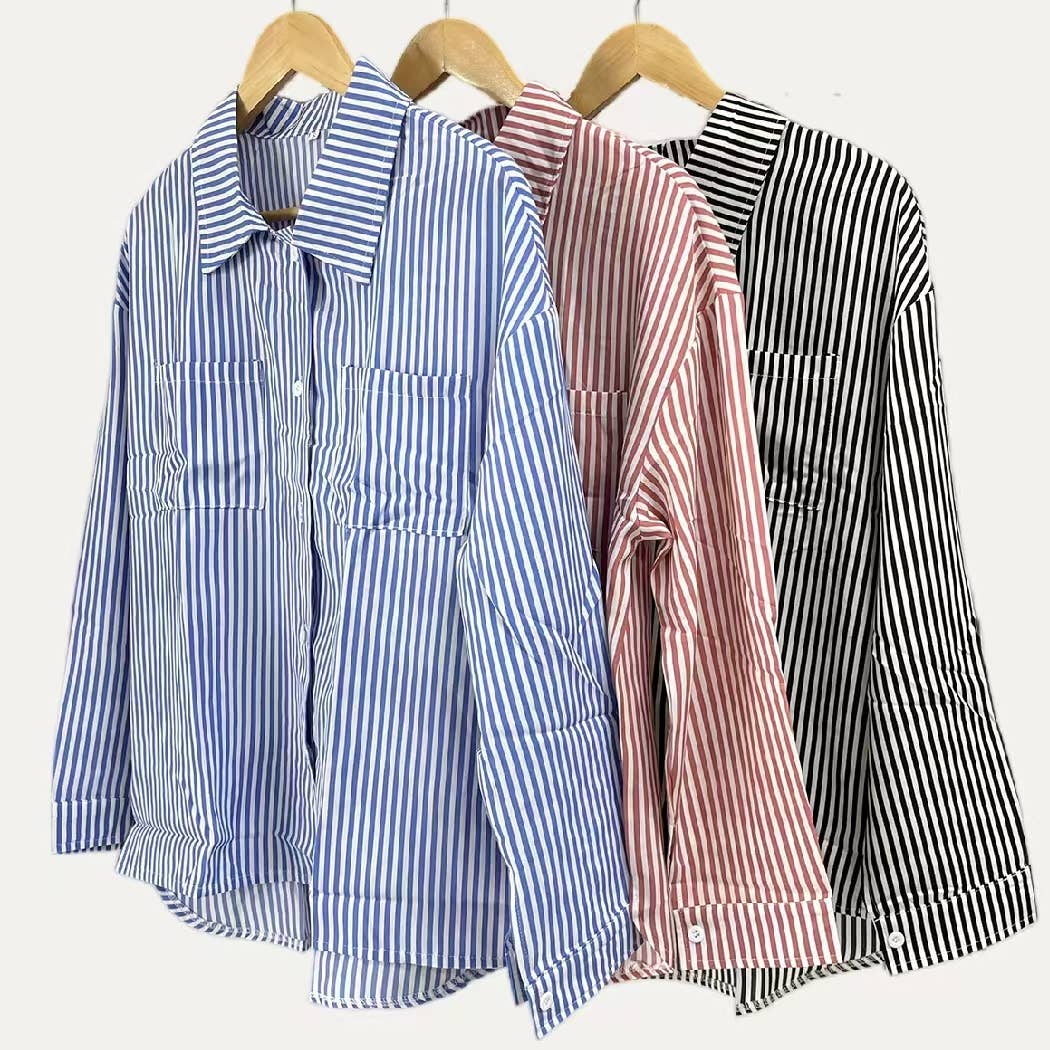 The Moment Collection - Wholesale Button Down Shirt - Women's - Classic Striped Print Collared Neck Button Up Boxy Shirt0