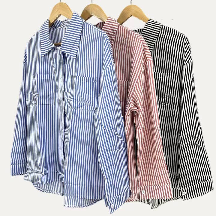 The Moment Collection - Wholesale Button Down Shirt - Women's - Classic Striped Print Collared Neck Button Up Boxy Shirt