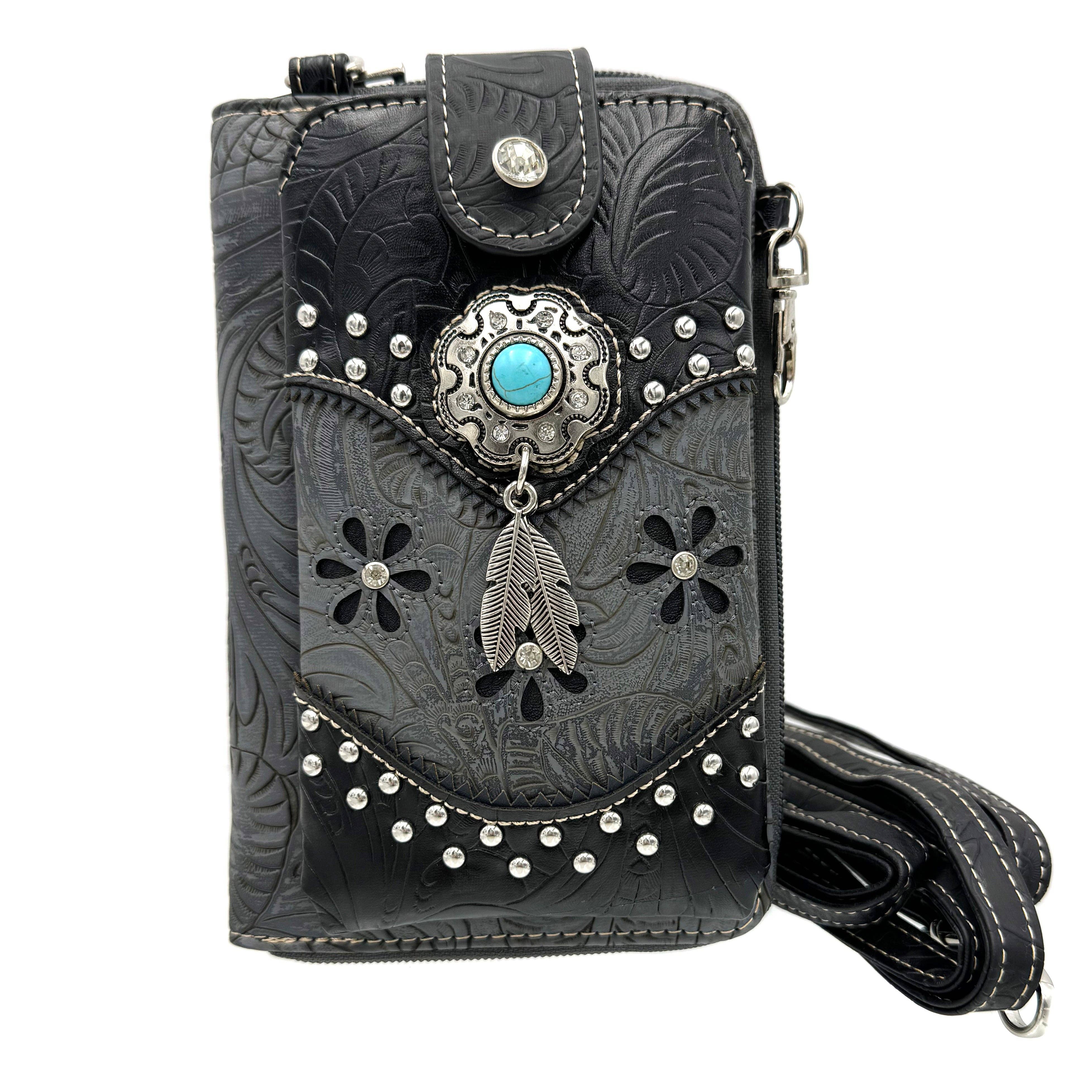 Lunar Deer - Wholesale Phone Wallet - Women's - Turquoise Stone Feather Tooled Leather Western Phone Wallet5