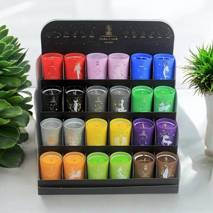 Coffret de 24 bougies du zodiaque avec présentoir pour la vente par Earths Elements Wholesale