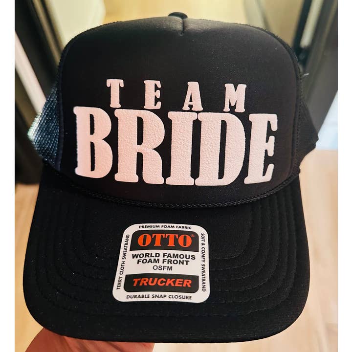 Team Bride 3D Puff Vinyl White on Black Foam Trucker Hat for wholesale by Southern Attitude Designs Inc