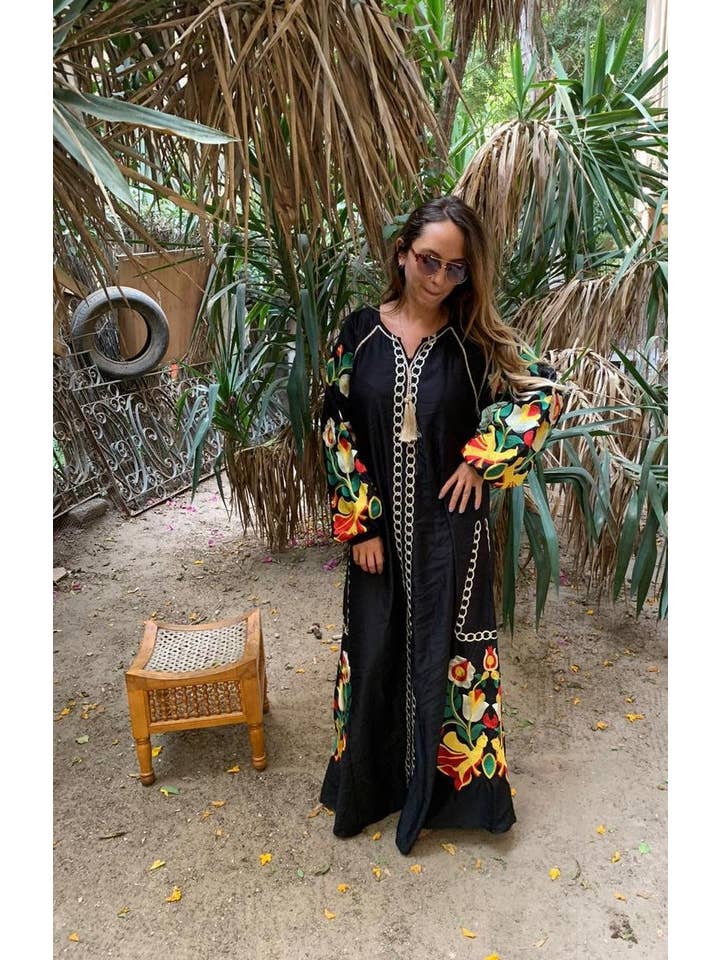 Gipci - Wholesale Kaftan - Women's - Boho Black Caftan, Long Sleeve Caftan Dress