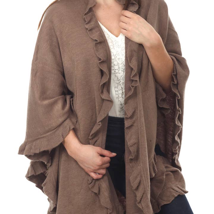 Fennco Styles - Wholesale Poncho - Women's - Ruffle Trim Knit Open Front Cozy Warm Women Poncho Cape