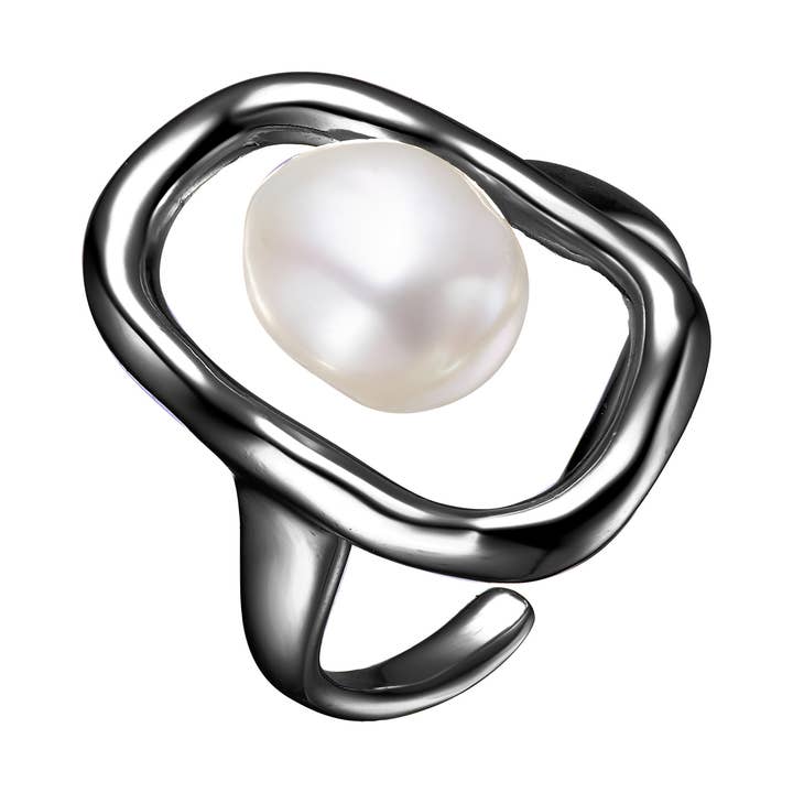 Bague élégante en perles SS plaquées noires pour la vente par Genevive