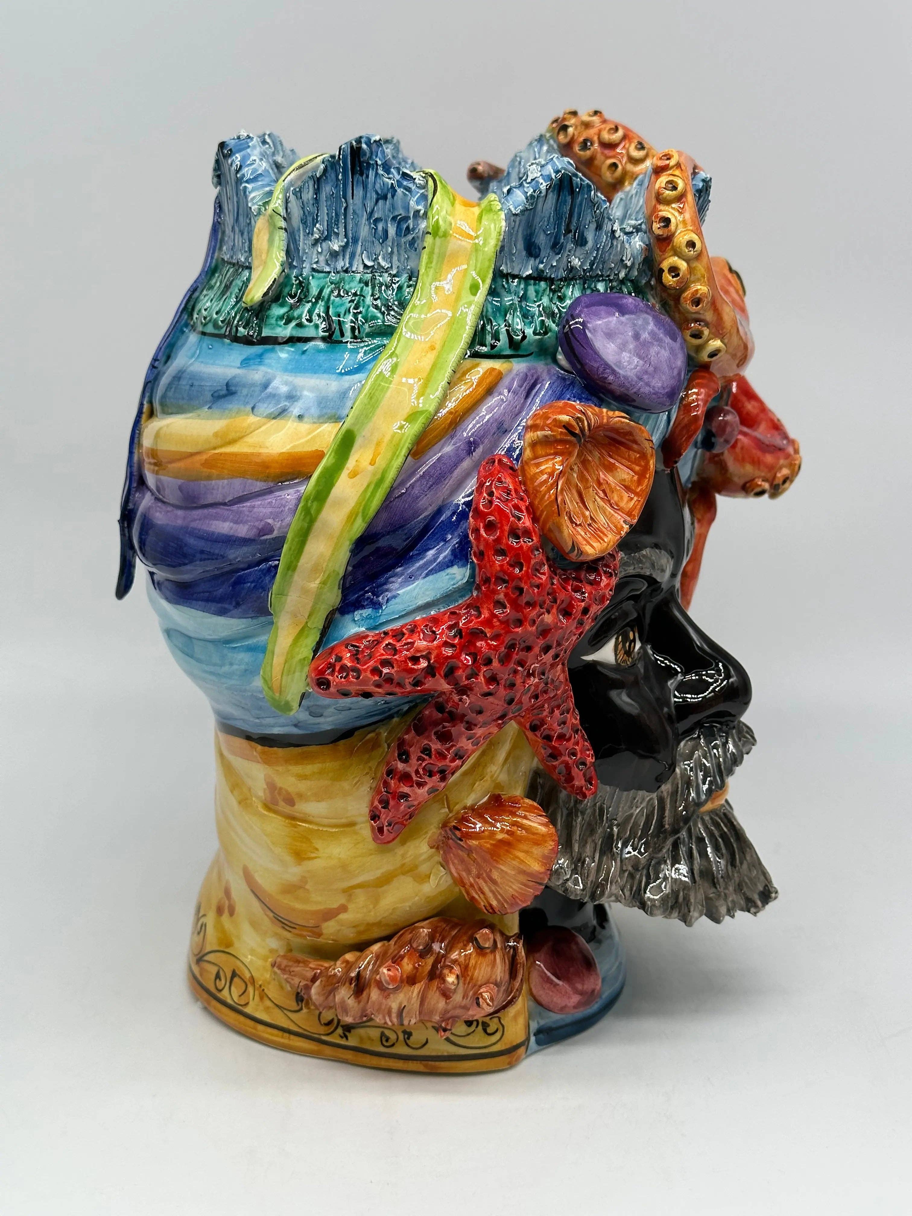 DD Ceramiche Siciliane - Wholesale Decorative Figurine - Teste di Moro Nettuno Ceramica Caltagirone cm H.30 L.24 Handmade Sicilian Decoration3