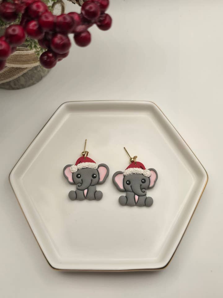Brincos de Elefante de Natal Feitos à Mão, Jóias de Argila Polimérica por atacado de Beckys Creations