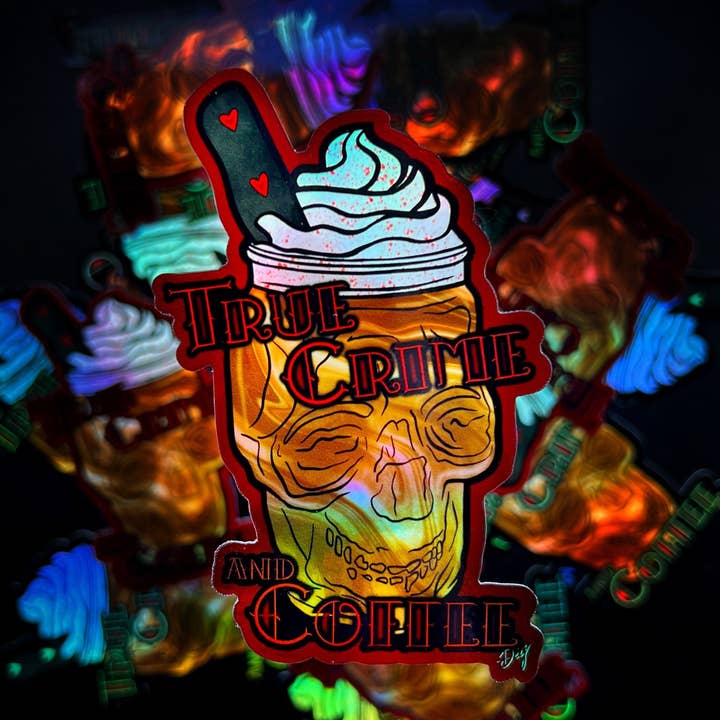 Ægte Kriminalitet og Kaffe Holografisk Sticker, 4x2.5in for engroshandel hos Catnip and Kittens