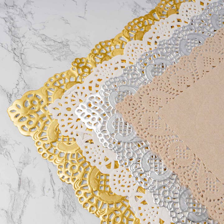 Gold Square Lace Metallic Paper Doilies 12" - Set of 100-Gold for wholesale on Faire3