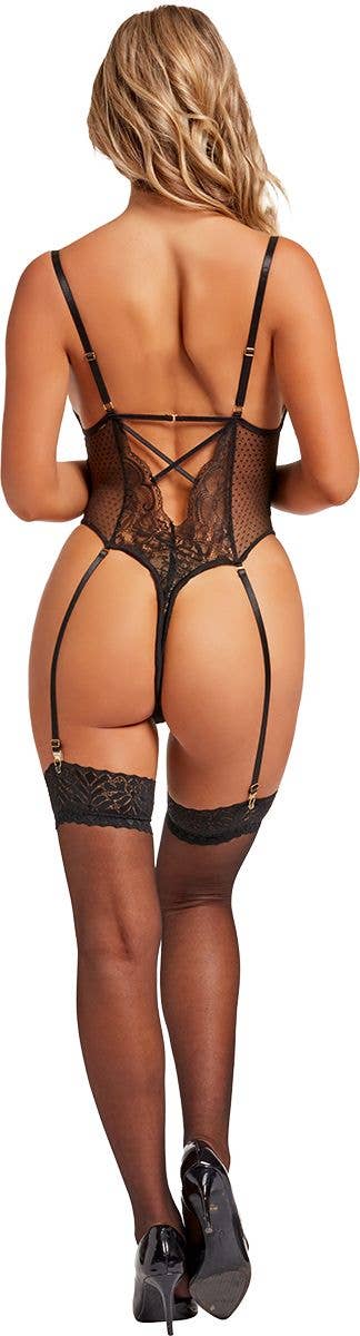 Lingerie Mart – wholesale Lingerie bodysuit – Women's – Seven til Midnight Lace And Dot Mesh High Cut Leg Teddy14