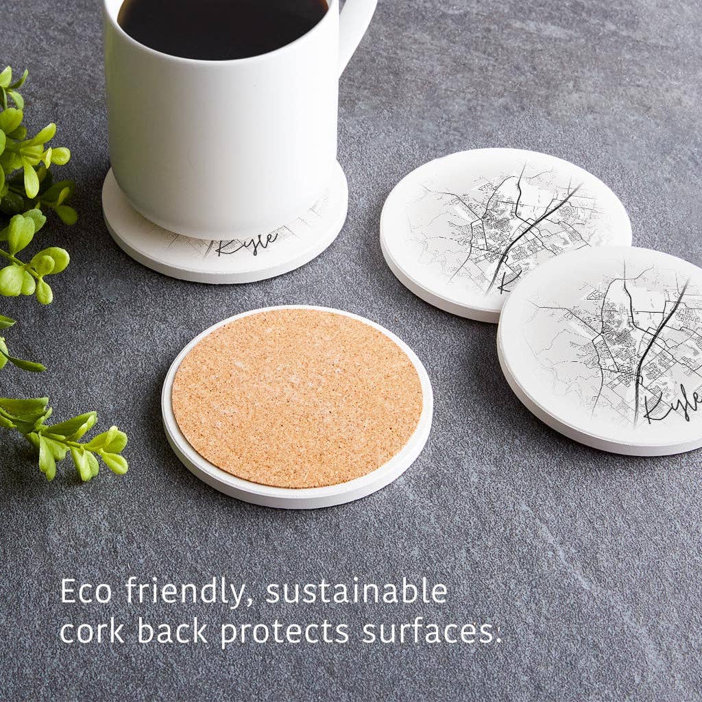 Love Local - Wholesale Coasters - Minimalistic B&W Texas Kyle Circle Map | Absorbent Coasters | Set of 4 | Min 24