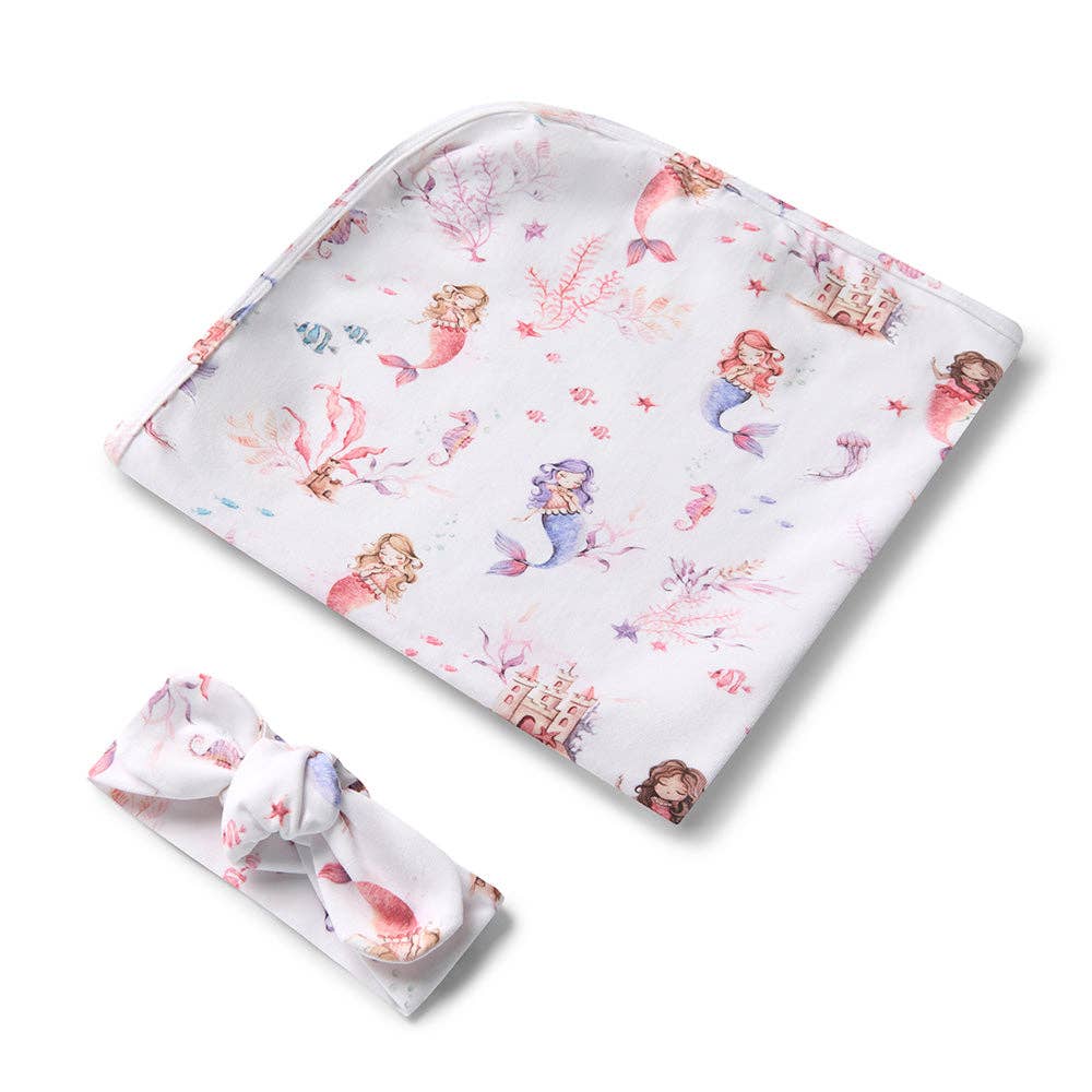 Snuggle Hunny - Wholesale Swaddle Set - Baby - Mermaid Organic Jersey Wrap & Topknot Set1