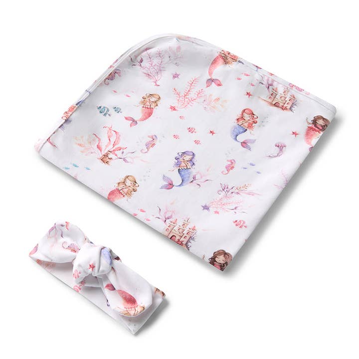 Snuggle Hunny - Wholesale Swaddle Set - Baby - Mermaid Organic Jersey Wrap & Topknot Set1