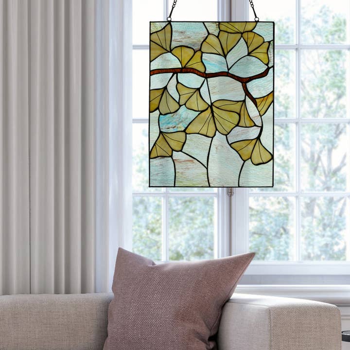 River of Goods - Wholesale Suncatcher - 17.5"H Robert Yellow Gingko Leaf Stained Glass Window Panel