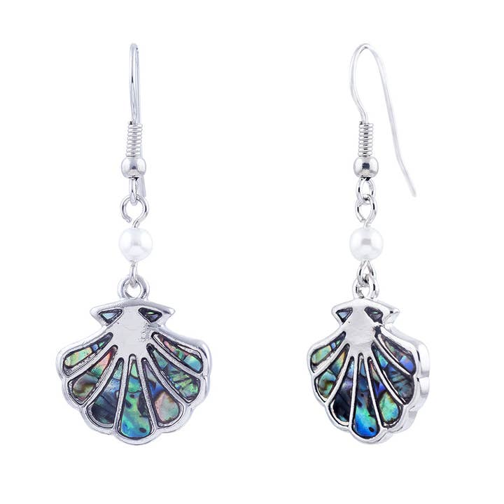 Paua Shell Sea Shell Drop Dangle Earrings, Rhodium Plated for wholesale by Byzantium Collection Ltd
