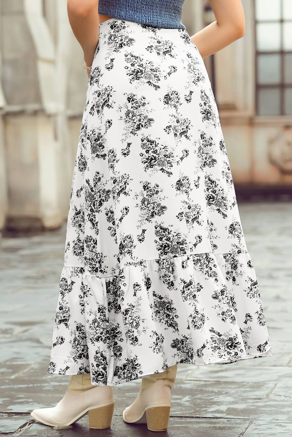 1 the Woman - Wholesale Skirt - Women's - Boho Floral High Waist Ruffle Split Maxi Skirt | 3 Colors12