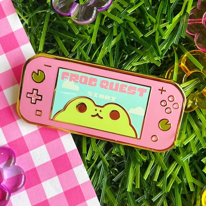 Frog Quest Game Enamel Pin for wholesale by Peachie Kei