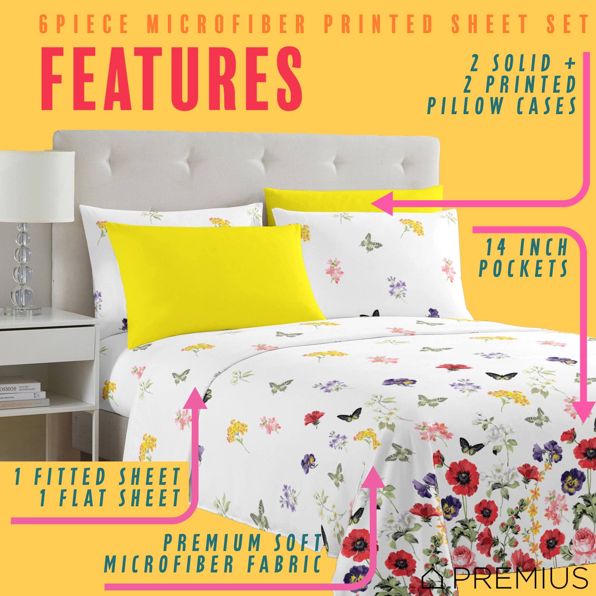 ShopBobbys - Wholesale Sheet Set - PREMIUS Butterfly Soft Wrinkle-Free Microfiber Sheet Set, White-Multi1