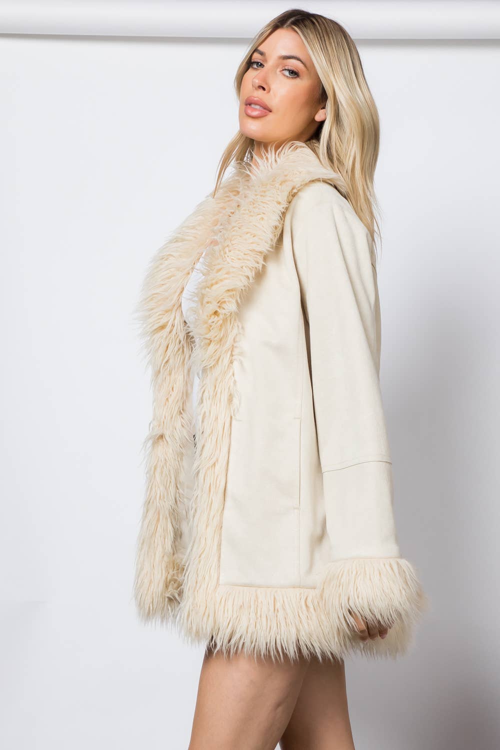 Ivory Shaggy Fur Open Front Mid Length Jacket for wholesale on Faire3