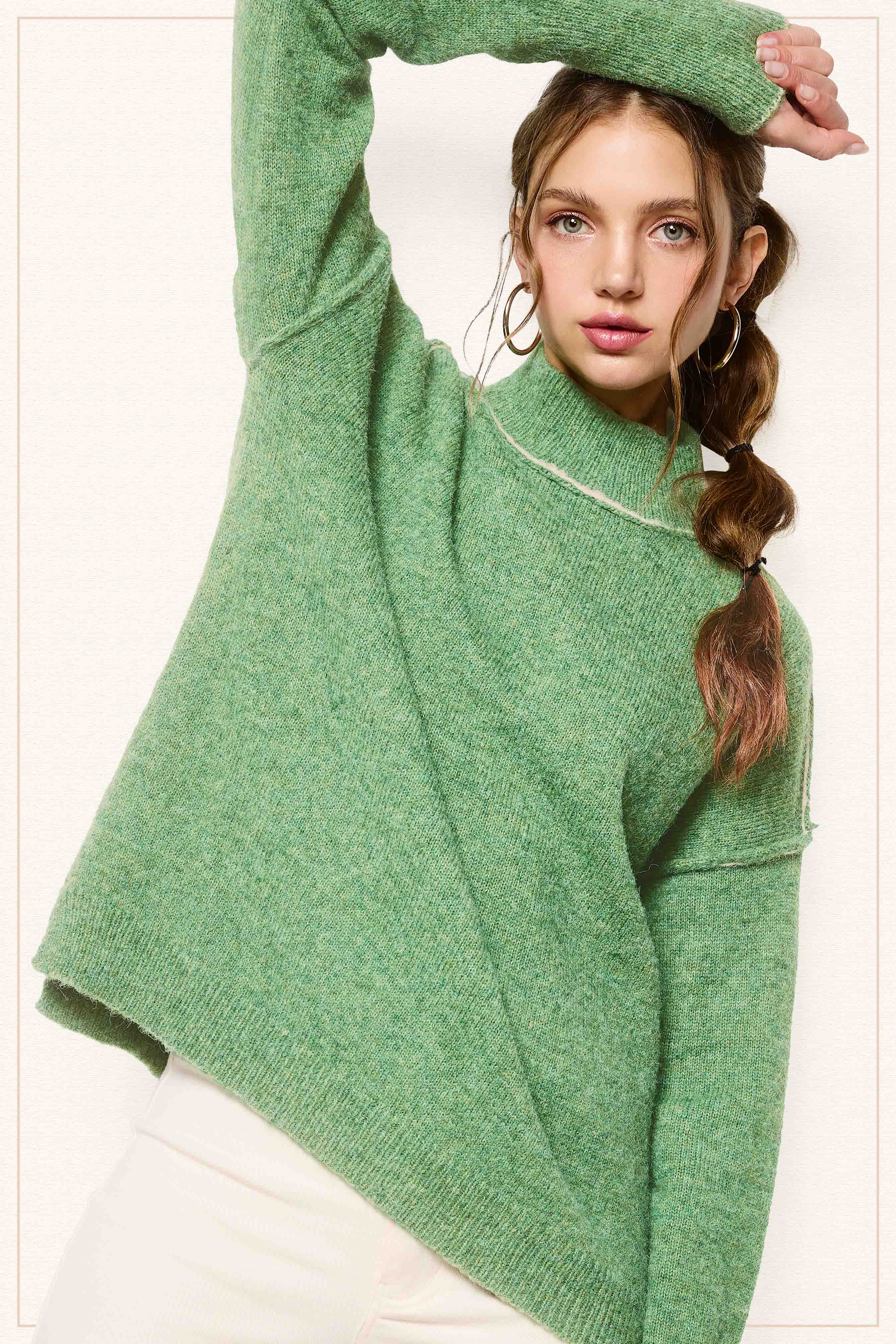 La Miel - Wholesale Knit Sweater - Women's - MCS3566-Loose Fit Mock Neck Exposed Seaming Detailed Sweater7