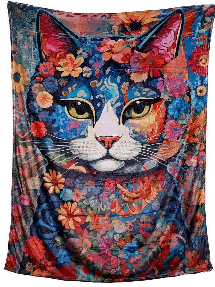 Coperta artistica in pile Hippie Cat in due misure per la vendita all'ingrosso da parte di Sunshine Joy