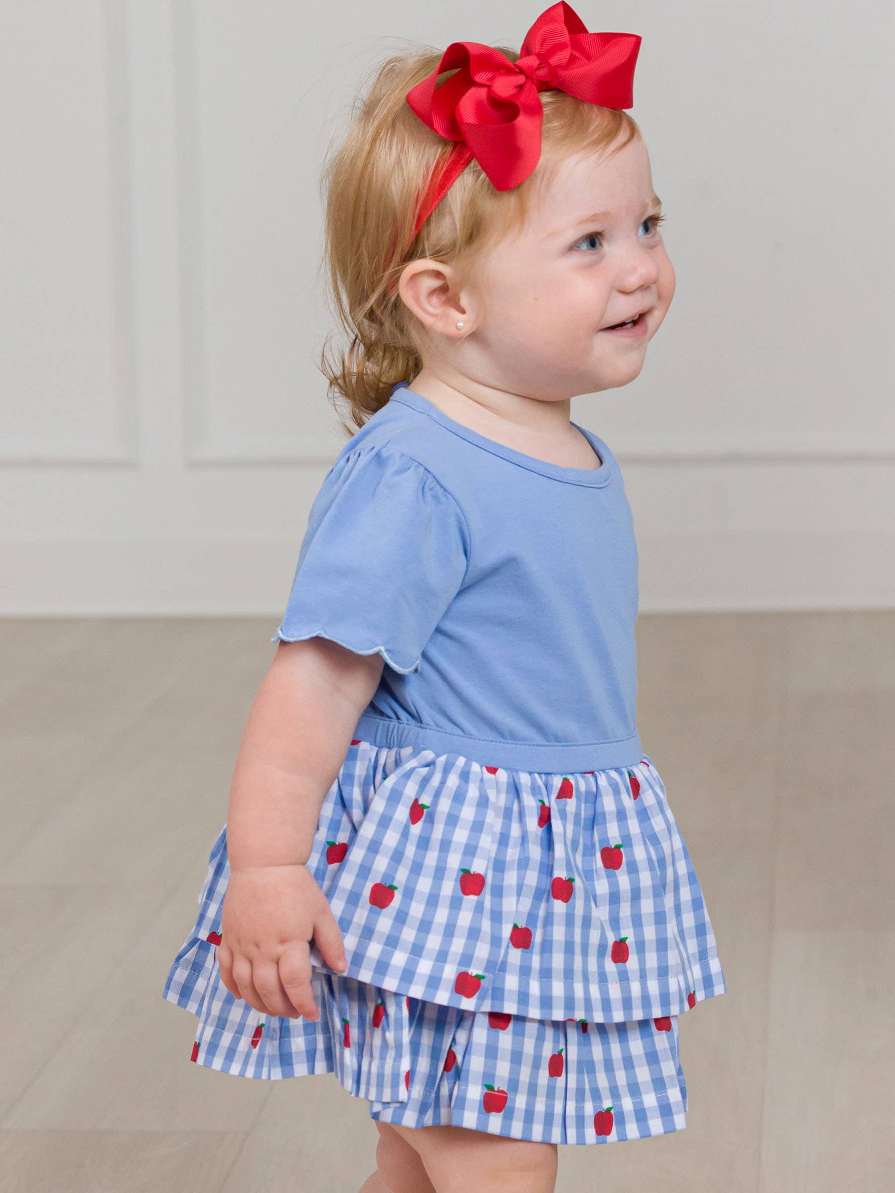Blue Baby Girls Apple Orchard Classic Gingham Short Sleeve Skirted Romper for wholesale on Faire2
