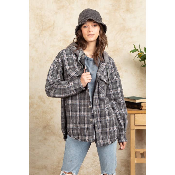 Frayed Hem Hooded Plaid Jacket for wholesale by Baie Bleue