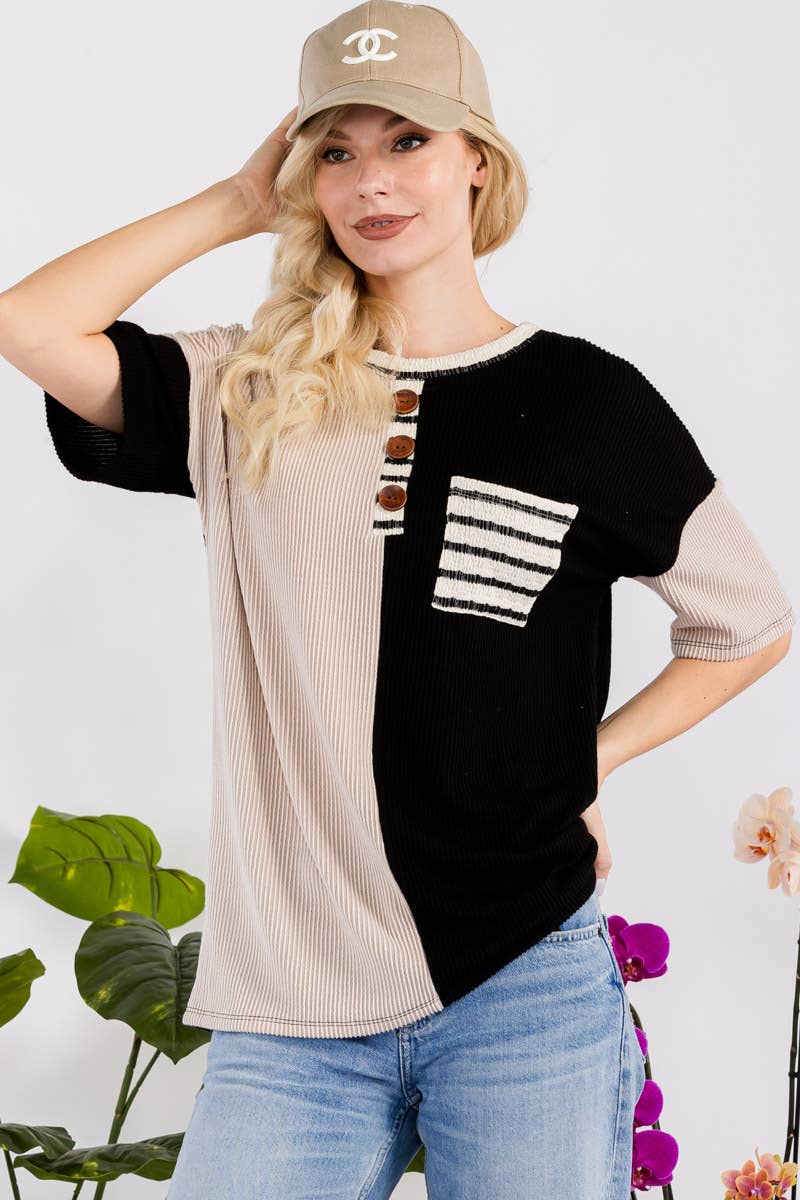 Celeste Clothing - Wholesale Tunic - Women's - URBAN RIB COLOR CONTRAST T-SHIRT WITH POCKET -CT43877A15