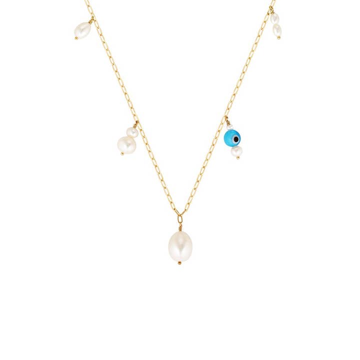 Collier Alba en or rempli avec œil protecteur et gouttes de perles pour la vente par BOWERBIRD JEWELS