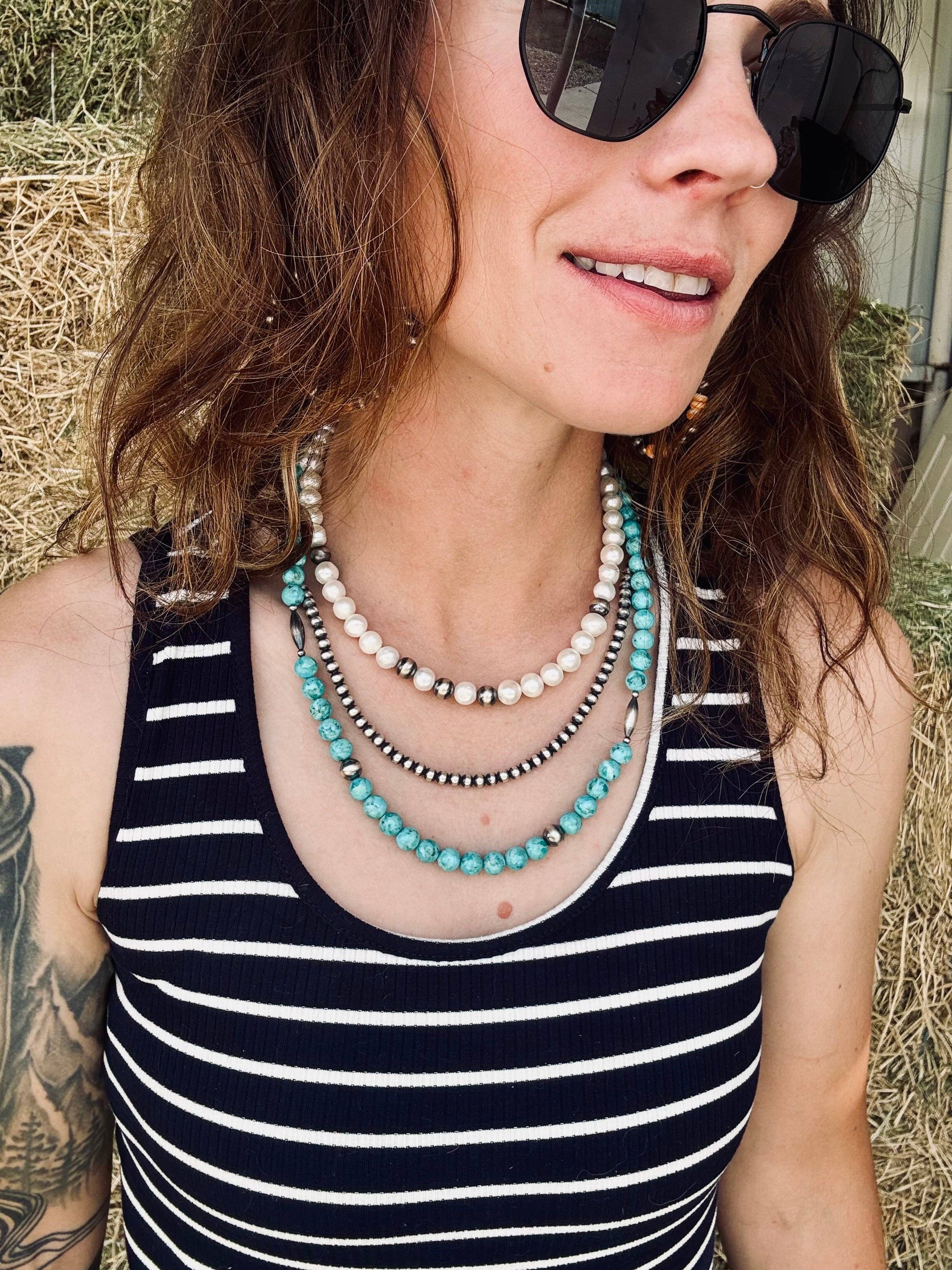 Wild Hancock Creations - Wholesale Beaded/Pearl Necklace - Kingman Turquoise Necklace With 8MM Navajo Pearls & Torpedo's5