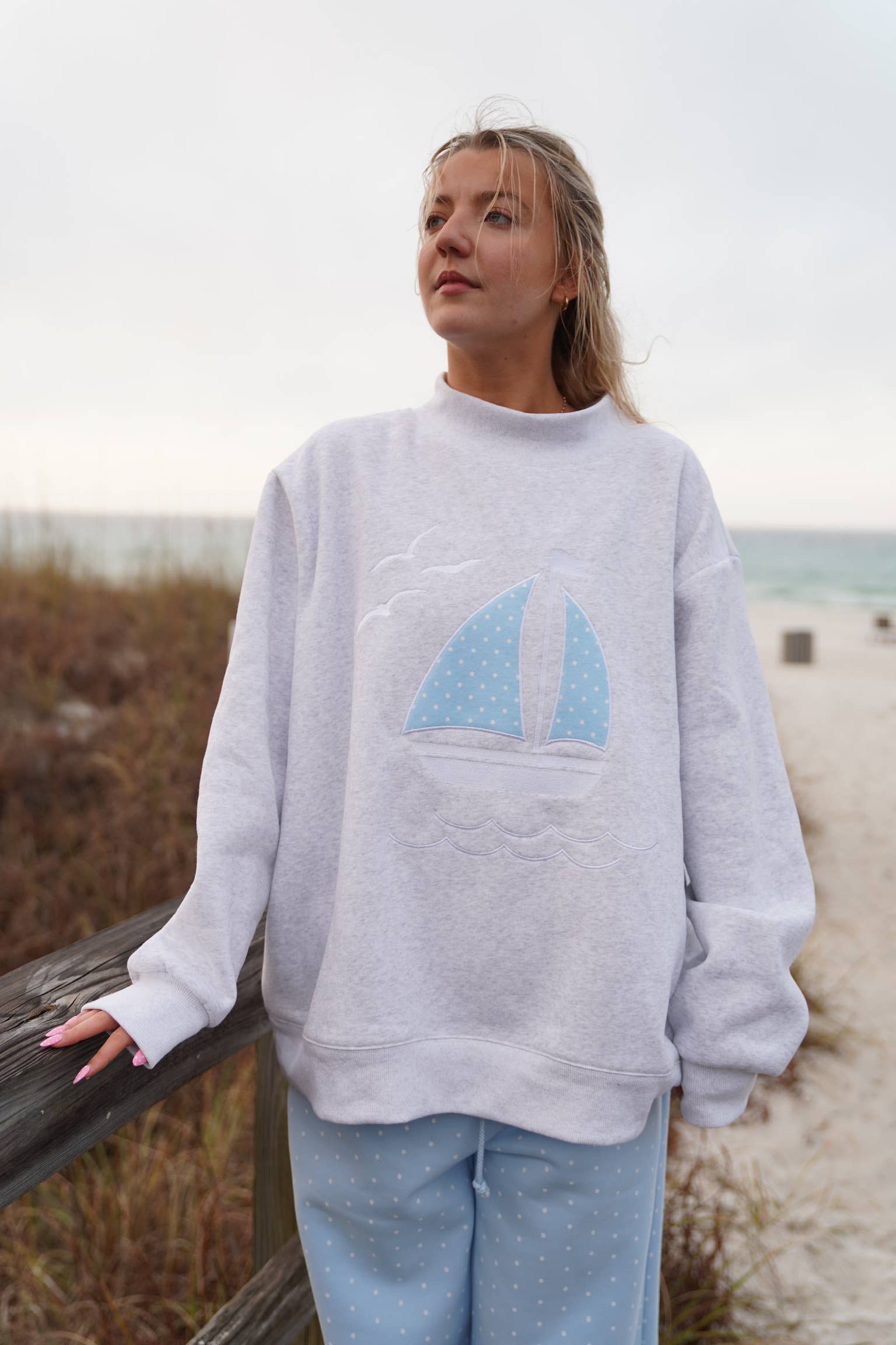 Sunkissed Coconut - Wholesale Sweatshirt - Women's - Polka Dot Sailboat Embroider Mockneck Sweatshirt