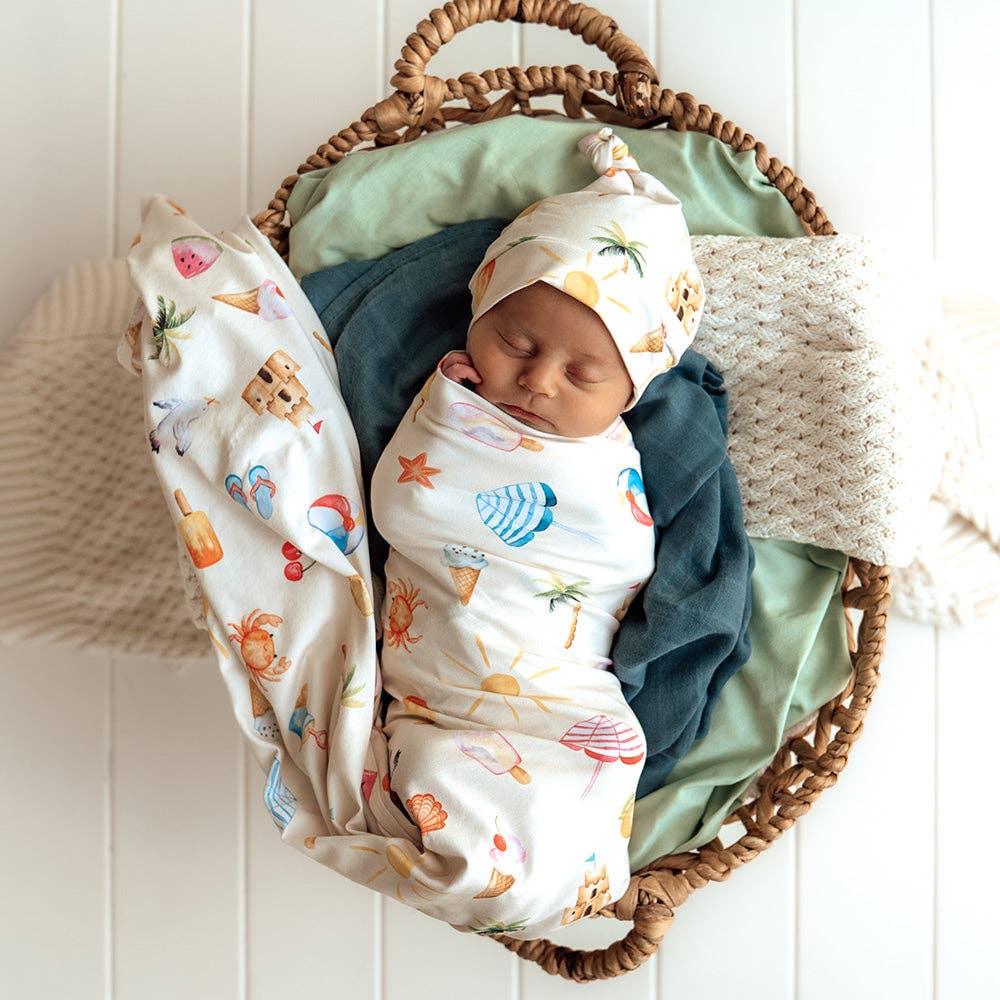 Snuggle Hunny - Vente Ensemble de langes – bébé - Ensemble de couverture et bonnet en jersey biologique Beach Fun0
