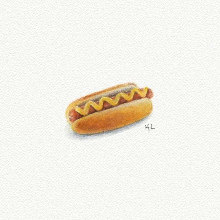Hot Dog Miniature Watercolor Painting - Art Print for wholesale by Karen Libecap Tiny Paintings