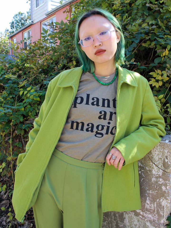 Yonder Studios - Wholesale Screen Printed T-Shirt - Women's - Plants are Magic Shirt on Heather Olive