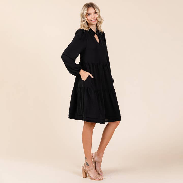 ROLYPOLY - Wholesale Dress - Women's - V Neck Long Sleeve Tiered Ruffle Hem Dress