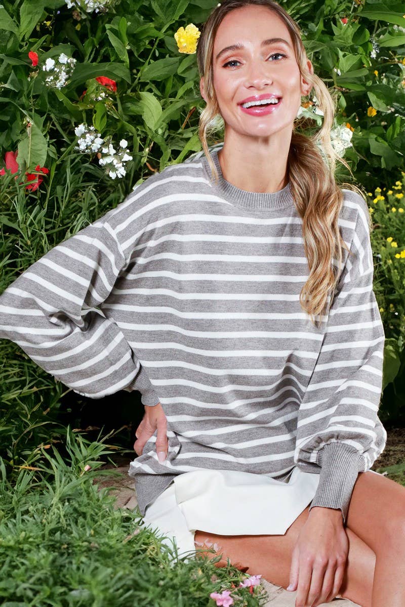 Vine & Love - Wholesale Knit Sweater - Women's - Striped Long Balloon Sleeve Knitted Sweater Top VT60387D32