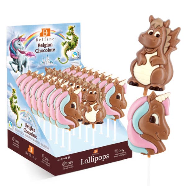 ADG Diffusion - Venta al por mayor Chocolate - PIRULETA DE CHOCOLATE DRAGON UNICORN 25 g - Expositor de 24 unidades