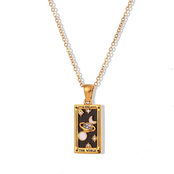alberalkirk - Wholesale Pendant/Charm Necklace - Rectangular Tarot Enamel Pendant Steel Gold Crystal S5P2273