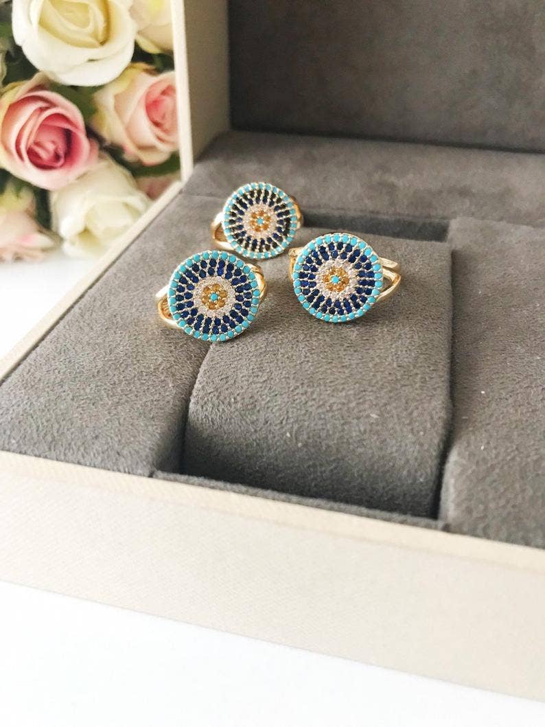 Evileyefavor - Wholesale Multi-Stone Ring - Adjustabe Evil Eye Ring Collection, Evil Eye Bead Ring, Hams2