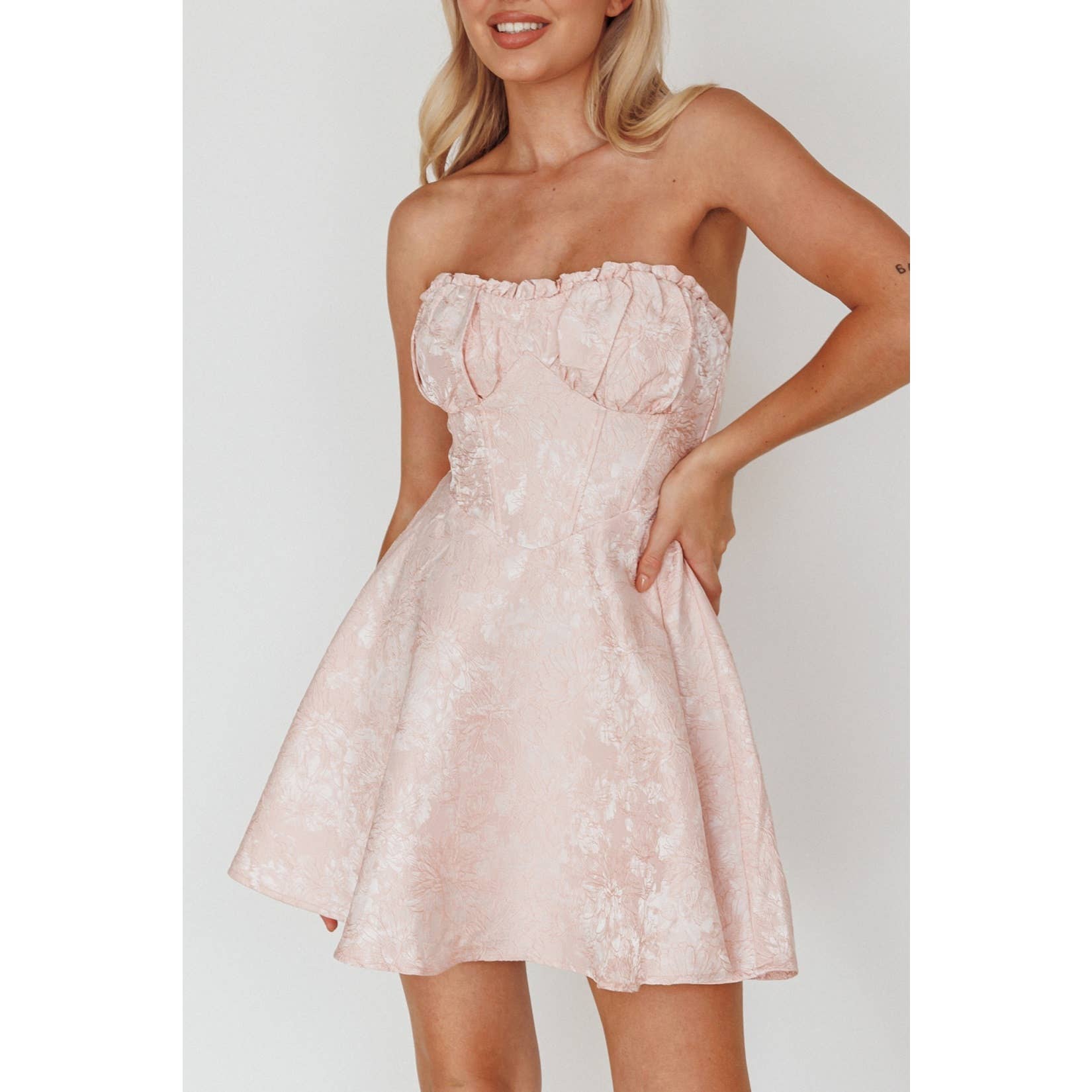 LIGHT PEACH FRILL CORSET STYLE MINI DRESS / SLID6241 for wholesale on Faire2