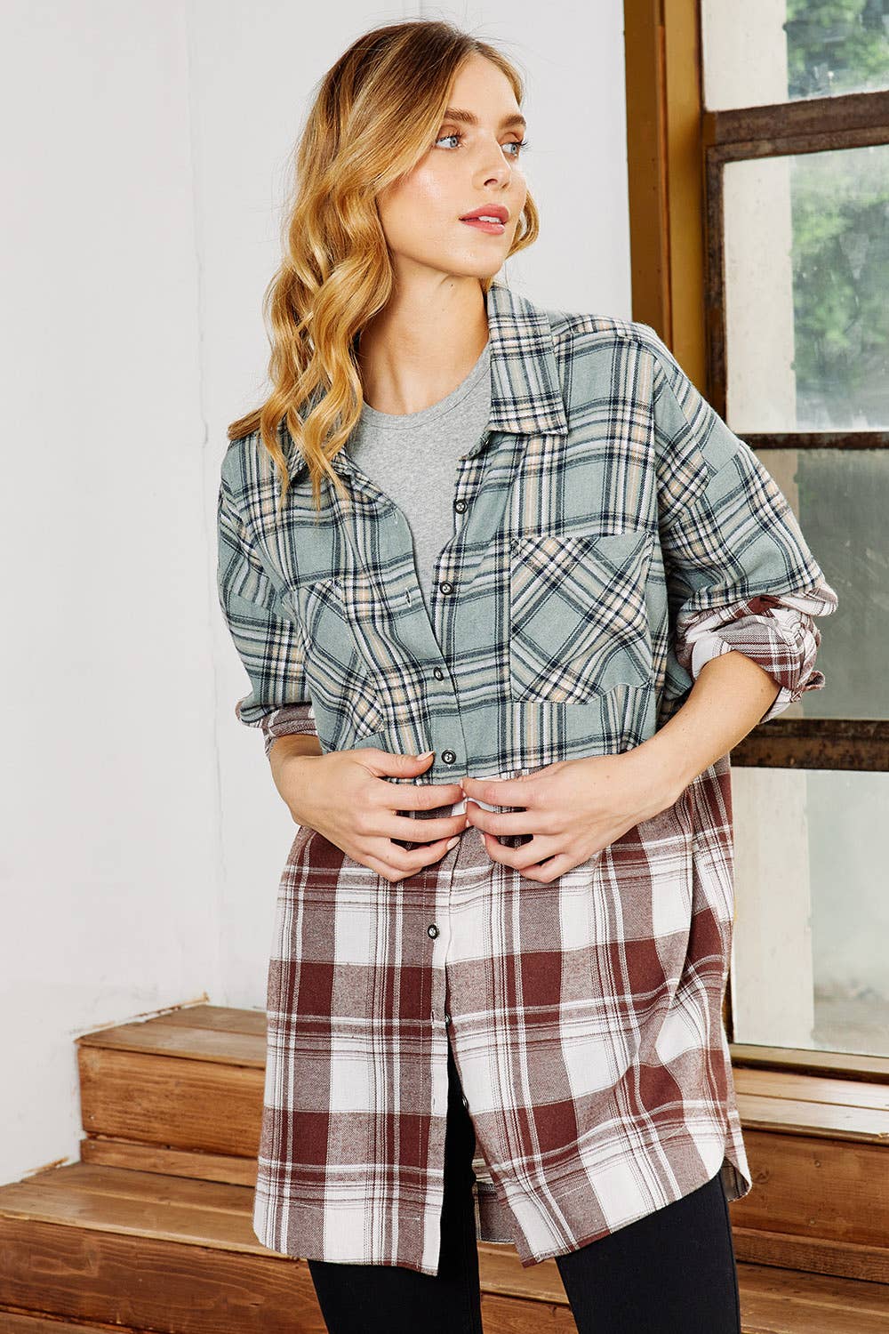 FSL Apparel - Wholesale Button Down Shirt - Women's - IJ1059 - MIXED PLAID  BUTTON DOWN OVERSIZED SHIRT8