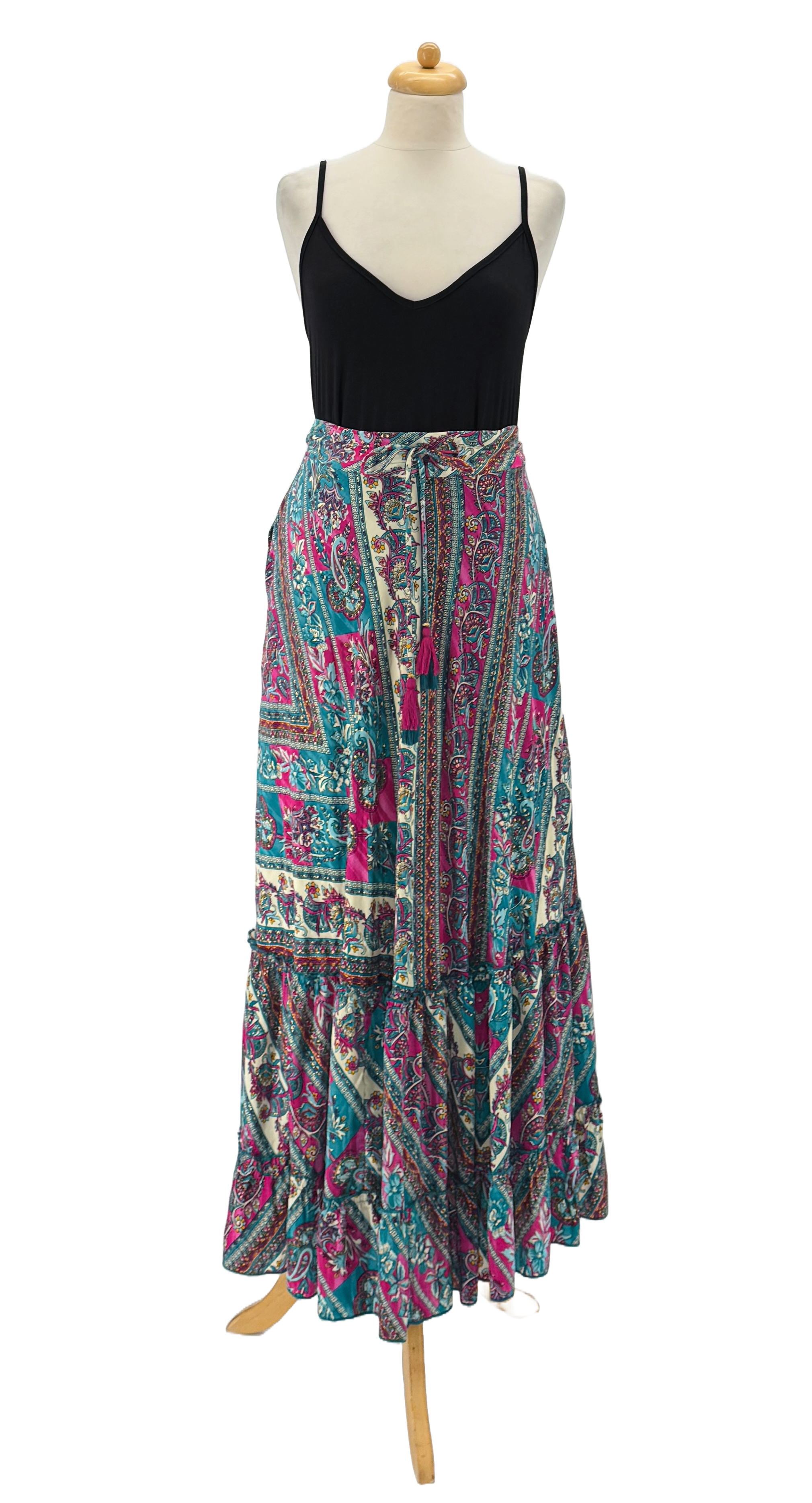 RED COMBO BLACK COMBO TURQUOISE COMBO  Boho Skirt in Cold Silk with Ethnic Print – Handmade for wholesale on Faire4